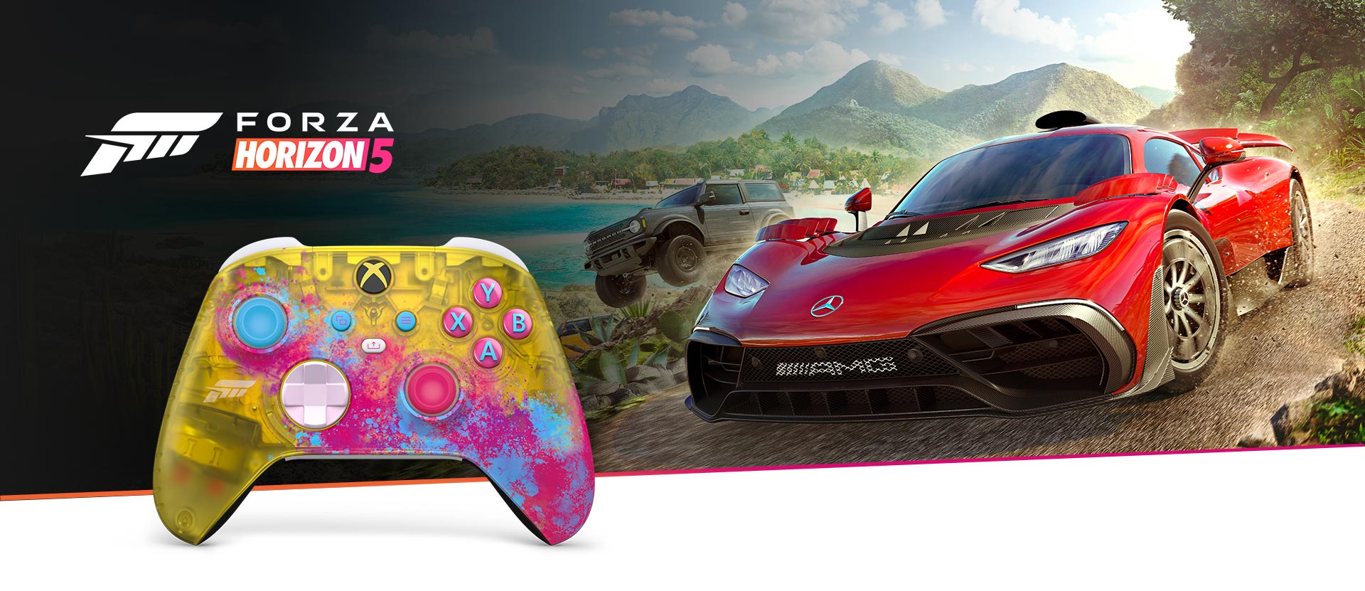  Trådløs Xbox-kontroller Forza Horizon 5 foran et nærbilde av kontrolleren
