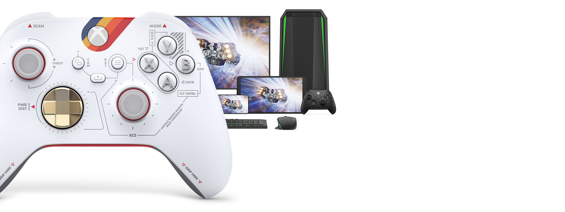 Vooraanzicht van de rechterkant van de Xbox draadloze controller – Starfield Limited Edition met verschillende speelbare platforms erachter