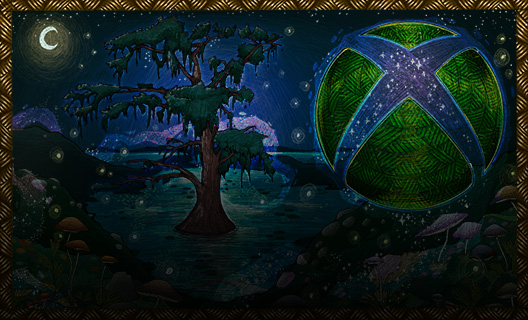 A stylised Xbox logo in support of International Day of the World’s Indigenous Peoples featuring the Xbox sphere with a green basket weave texture on a background with a night sky, a cypress tree, mushrooms, twinkling lights and basket weave border.