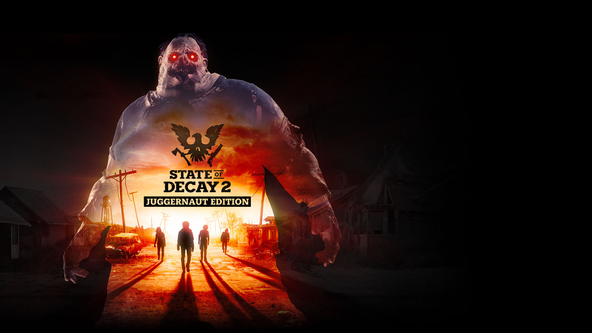 State of Decay 2: Juggernaut Edition, silhouet van de Juggernaut met zombies in een verlaten straat