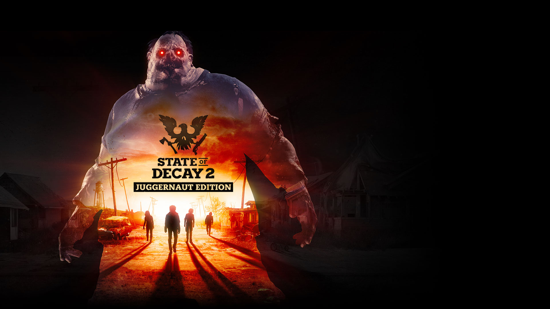 State of Decay 2: Juggernaut Edition, Silhouette des Juggernauts mit Zombies auf einer verlassenen Straße