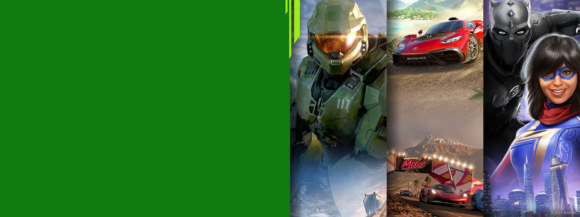 Etunäkymä erilaisista Xbox-pelihahmoista Halo Infinitestä, Forza Horizon 5:stä ja Marvel's Avengersista.