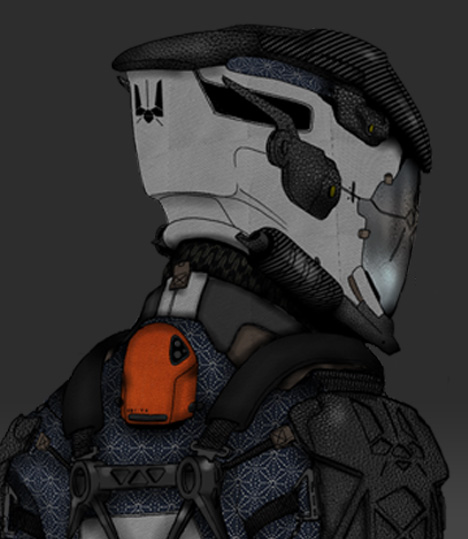 A rear view of the Nightingale V1 helmet, made of carbon fibre and polycarbonate, with an orange console on the spacesuit's upper back, and shoulder pads