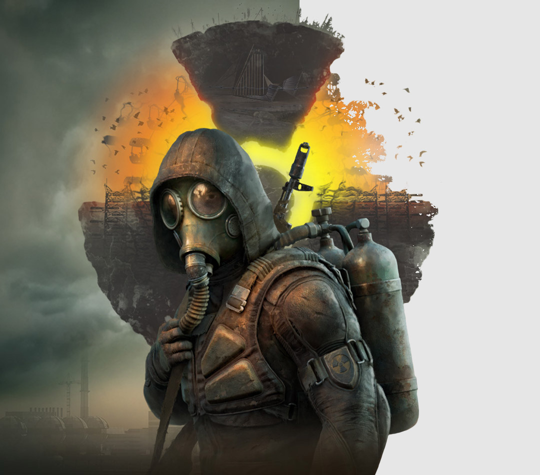 S.T.A.L.K.E.R.「S.T.A.L.K.E.R. 2: Heart of Chernobyl」、空には雲と煙が漂い、宙に浮かぶ大地の前に立つキャラクター。