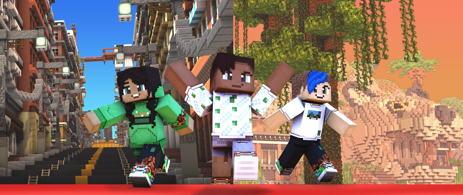 Három Minecraft-karakter egy városi és dzsungeltérkép előtt