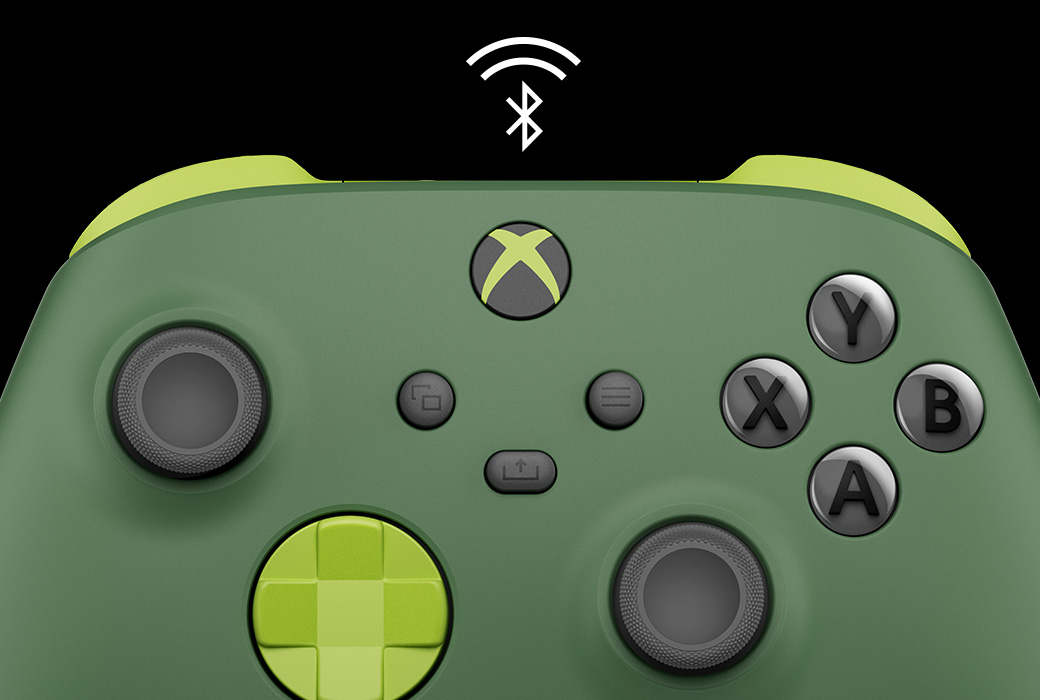 Vista centrada aproximada do Controle Sem Fio Xbox – Remix Special Edition com um logotipo Bluetooth