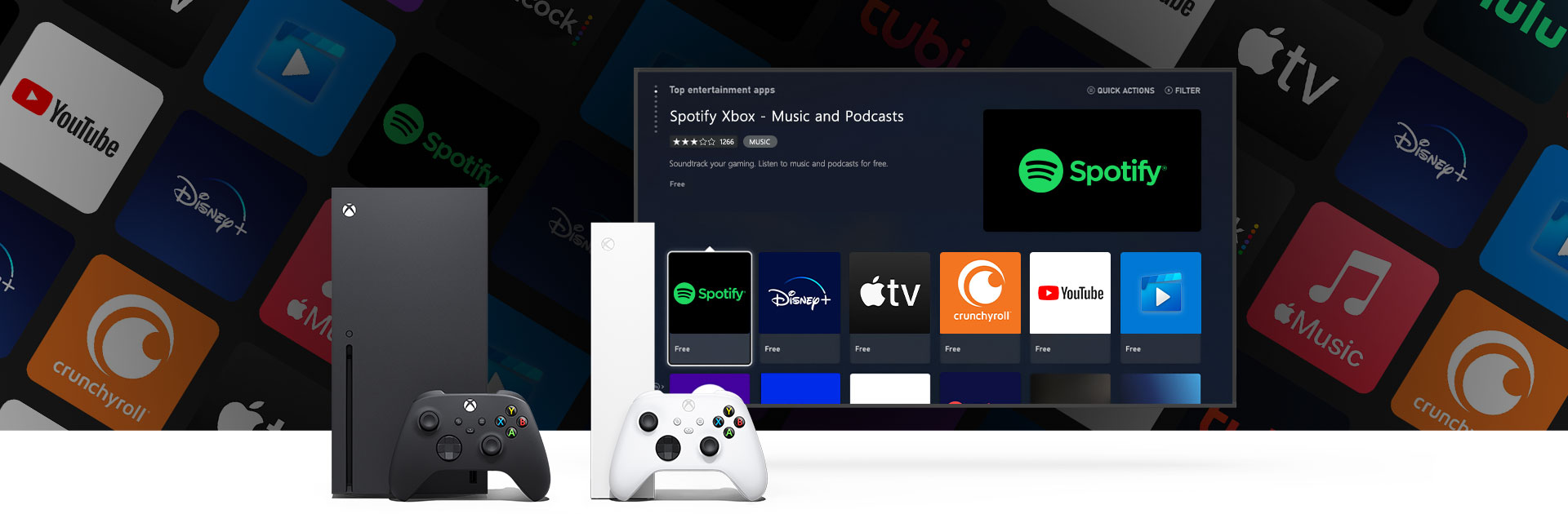 여러 앱을 사용할 수 있는 사용자 인터페이스를 보여주는 TV 화면 앞에 있는 Xbox Series X, Xbox Series S 및 컨트롤러.