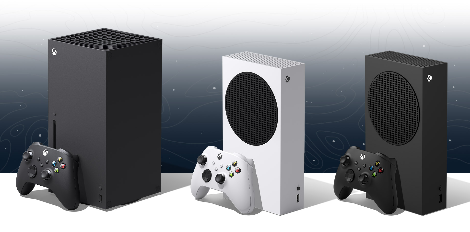 Zrzut ekranu z konsolą Xbox Series X, Xbox Series S i Xbox Series S — 1 TB z dopasowanymi czarnymi kontrolerami.