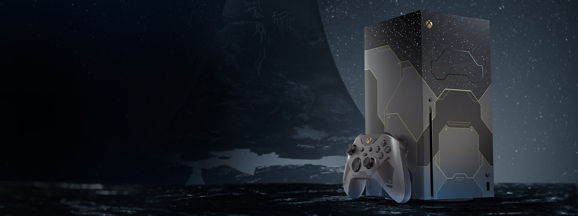 Right angle of the Xbox Series X Halo infinite console and controller with a Halo ring in the background