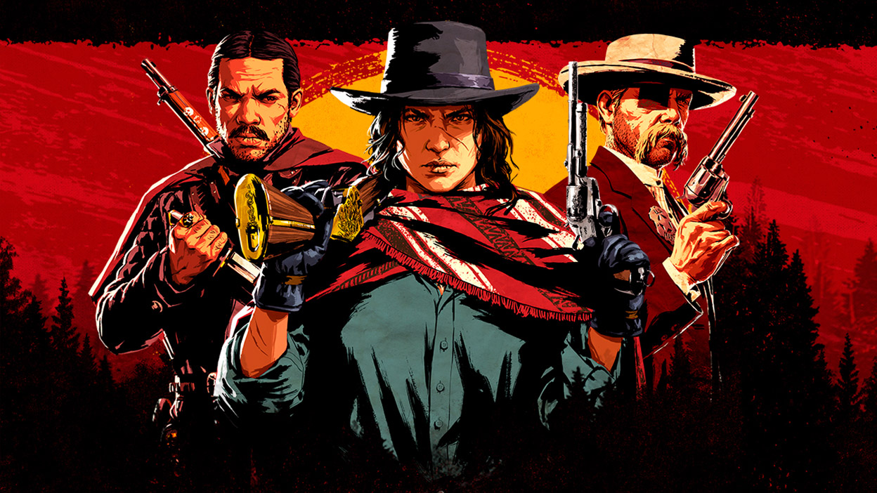 Several outlaws one with a dagger, another with a pistol and rifle, and another wearing an eye patch and armed with a revolver.
