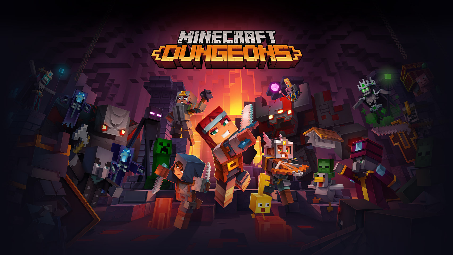 Logo di Minecraft Dungeons davanti a tutti i personaggi di Minecraft che combattono in un labirinto