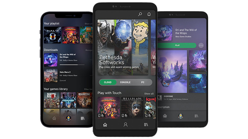 Xbox Game Pass mobil uygulamasının kullanıcı arayüzünü görüntüleyen üç akıllı telefon