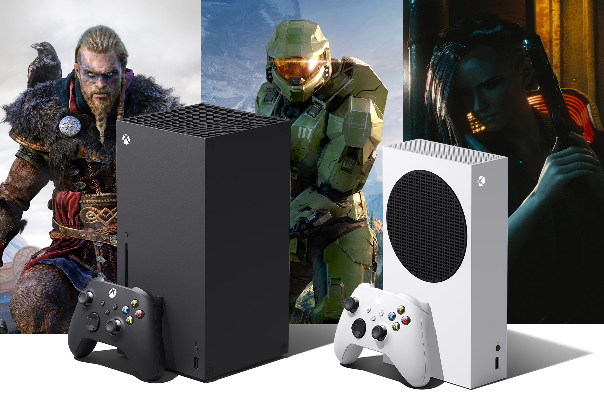 Xbox Series X og Xbox Series S med spilkunst fra Assassin's Creed Valhalla, Halo Infinite og Cyberpunk 2077