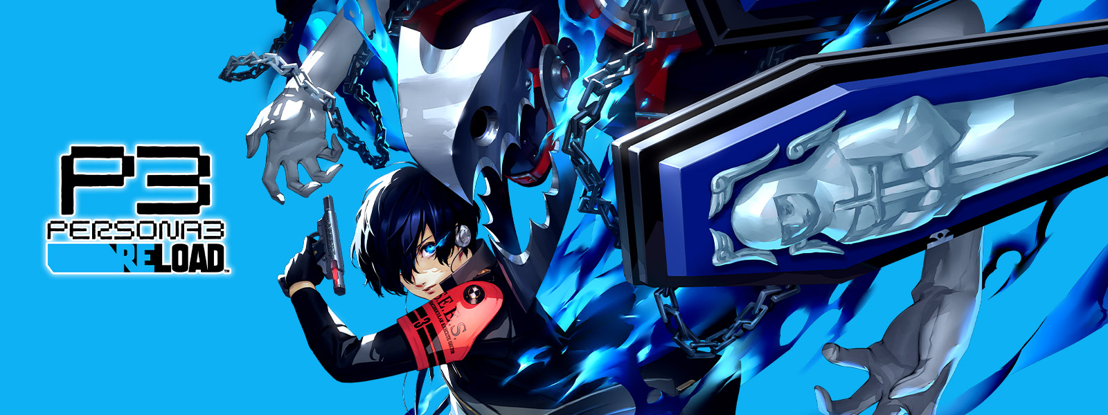 Makoto Yuki holds up a gun and glares while his Persona looms behind him in blue flames.