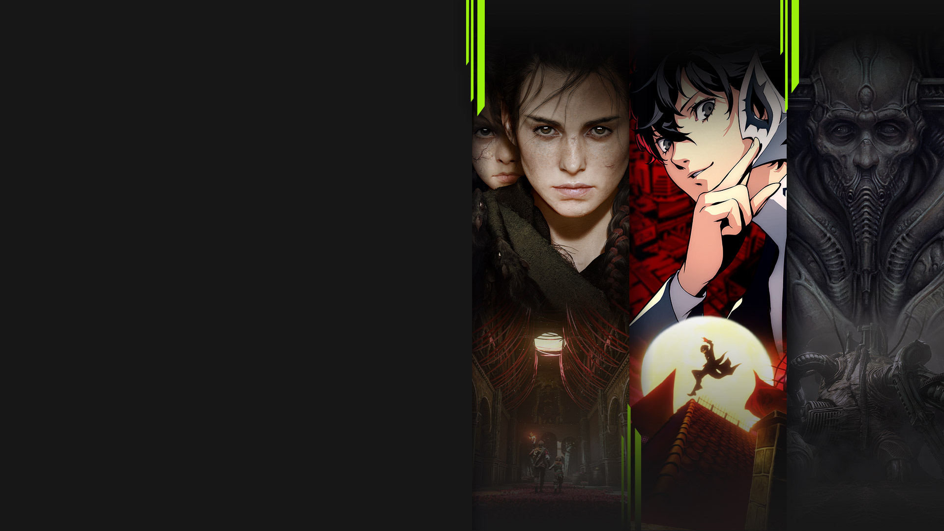 現在透過 Xbox Game Pass 提供的多款遊戲的遊戲圖片，其中包括 A Plague Tale: Requiem、Persona 5 Royal、Scorn 和 Chivalry 2