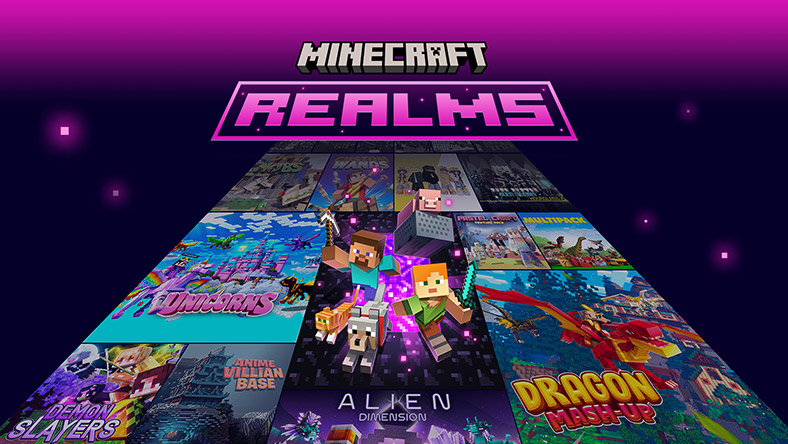 Minecraft Realms, scenes from various Minecraft Realms worlds including demon slayers, anime villain base, alien dimension, and dragon mash-up.