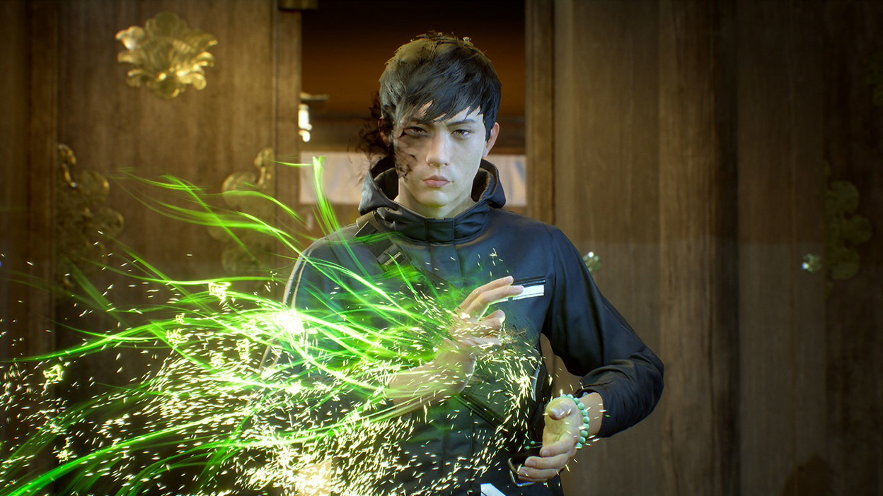 Akito uses his ethereal abilities, emitting green tendrils and sparks from his hands.