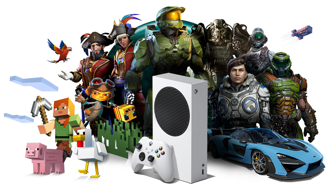 Um console Xbox Series S e o controle sem fio Xbox ficam em frente a uma coleção de personagens de jogos do Xbox.