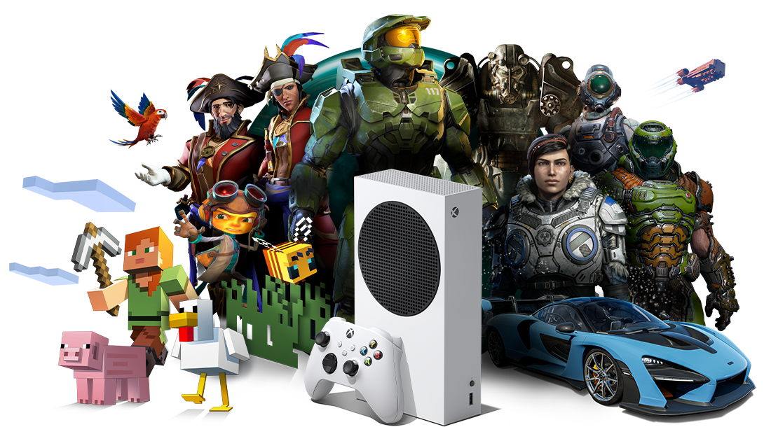 An Xbox Series S console and Xbox Wireless Controller sit in front of a collection of game characters from Xbox games.