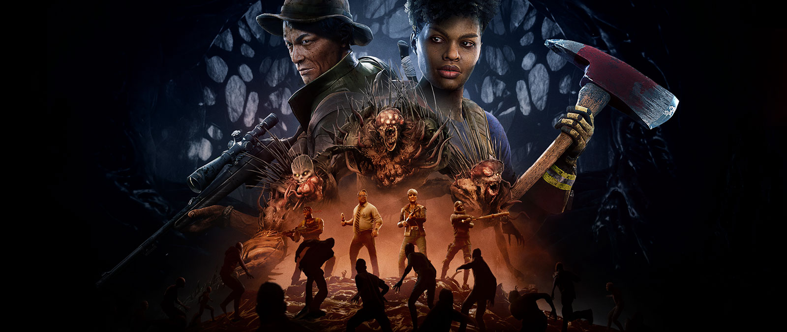 Set against the backdrop of a dimly lit Cavern, images of Sharice and Heng, along with the Warped Ridden Ripper, Shredder and Urchin tower over a scene of four Cleaners fending off hordes of Ridden.