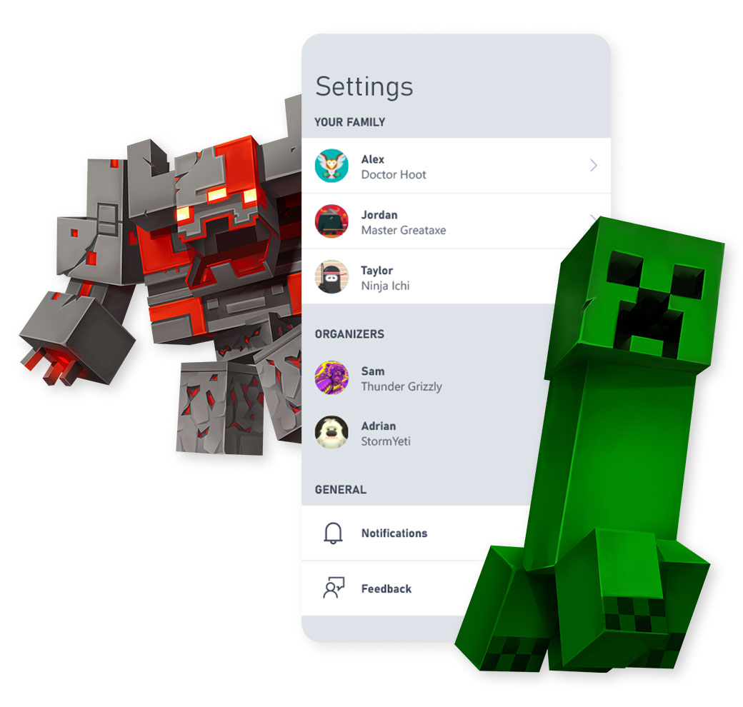 Personajes de Minecraft junto a una pantalla de la app Family Settings