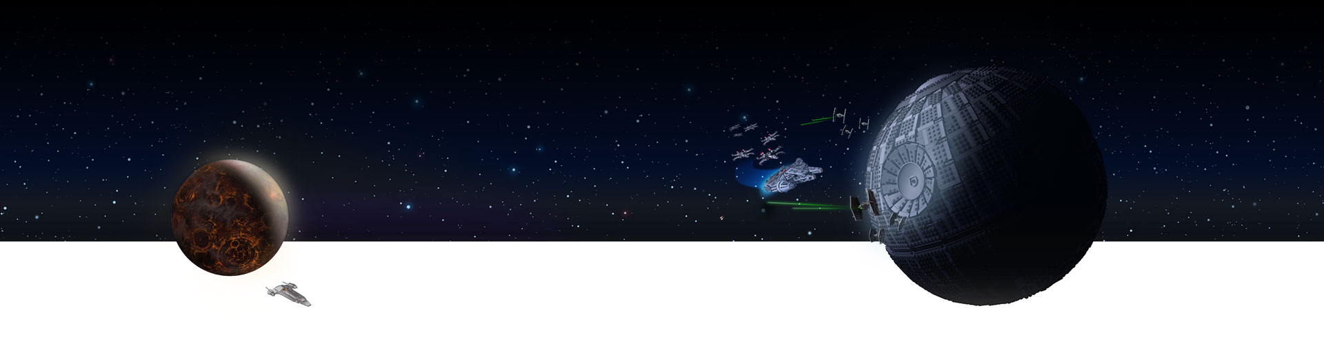 Zwei feindliche Stützpunkte im Weltraum mit Sternen im Hintergrund.