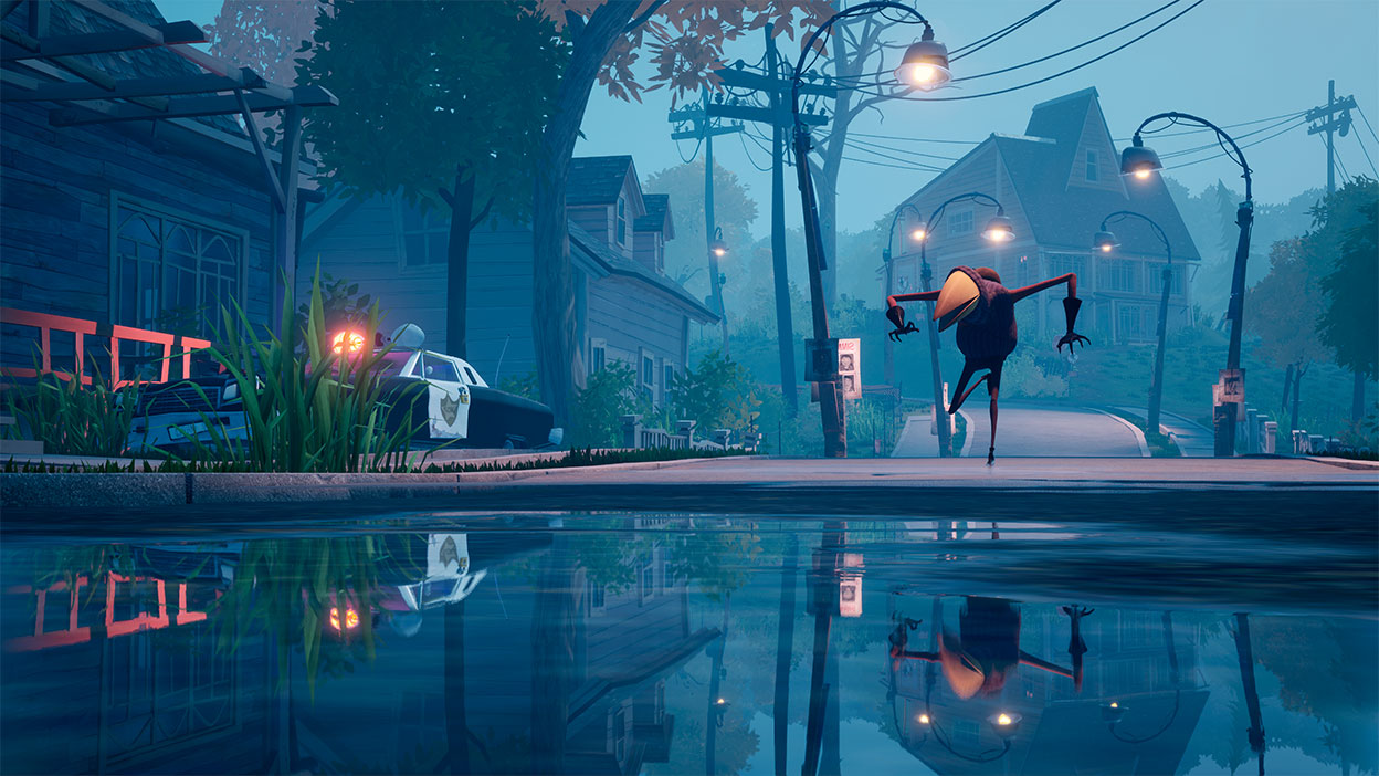 A stealthy human-like creature creeps down a rainy street. 