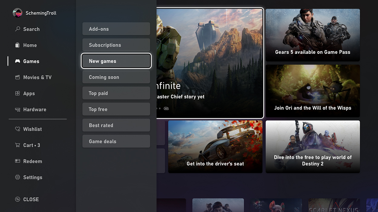 Ein Screenshot der Microsoft Store-Benutzeroberfläche, auf dem „neue Spiele“ hervorgehoben ist.