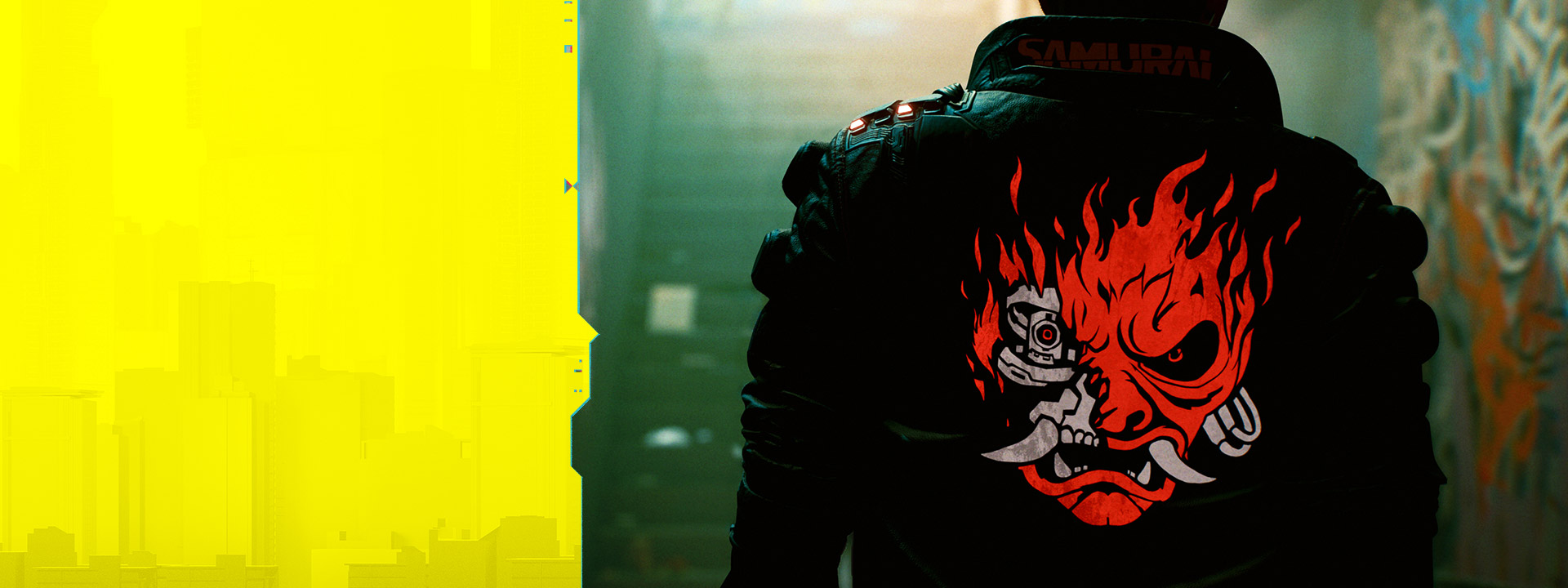 En spelare i en läderjacka med ett flammande ansikte broderat på ryggen. 