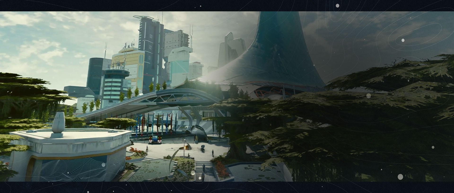 Verdant green treetops surround the city of New Atlantis