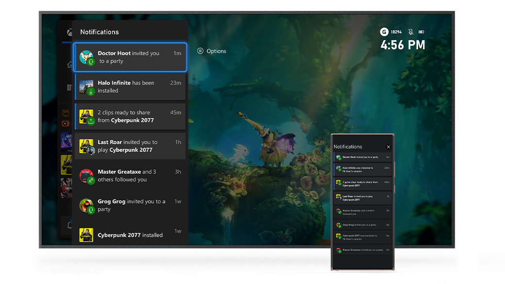 Interfejs główny konsoli Xbox. Menu z wyświetlonymi powiadomieniami widoczne na ekranie z rozgrywką z gry Ori and the Will of the Wisps. Urządzenie przenośne, na którym także widać menu powiadomień, znajdujące się przed telewizorem.