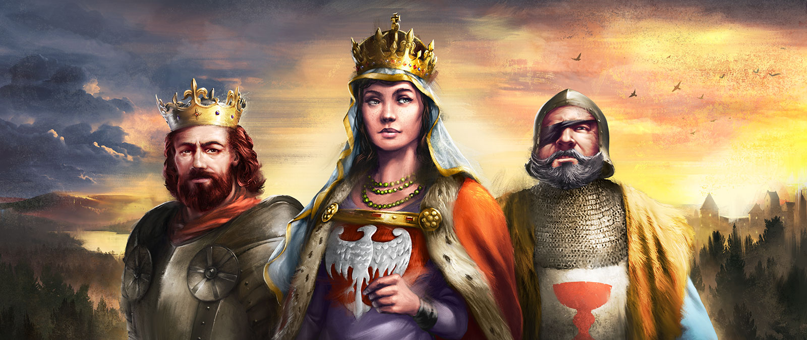 Tres personajes de Europa con trajes de la realeza.