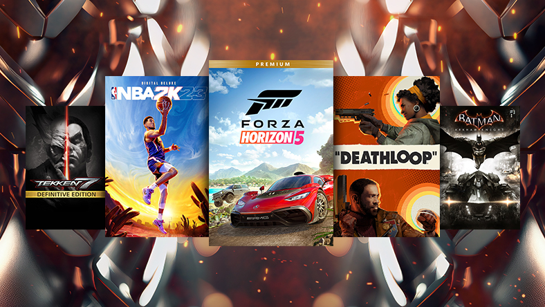 Box art from games that are part of the Critically Acclaimed Sale, including Forza Horizon 5 Premium Edition, NBA 2K23 Digital Deluxe Edition, and DEATHLOOP
