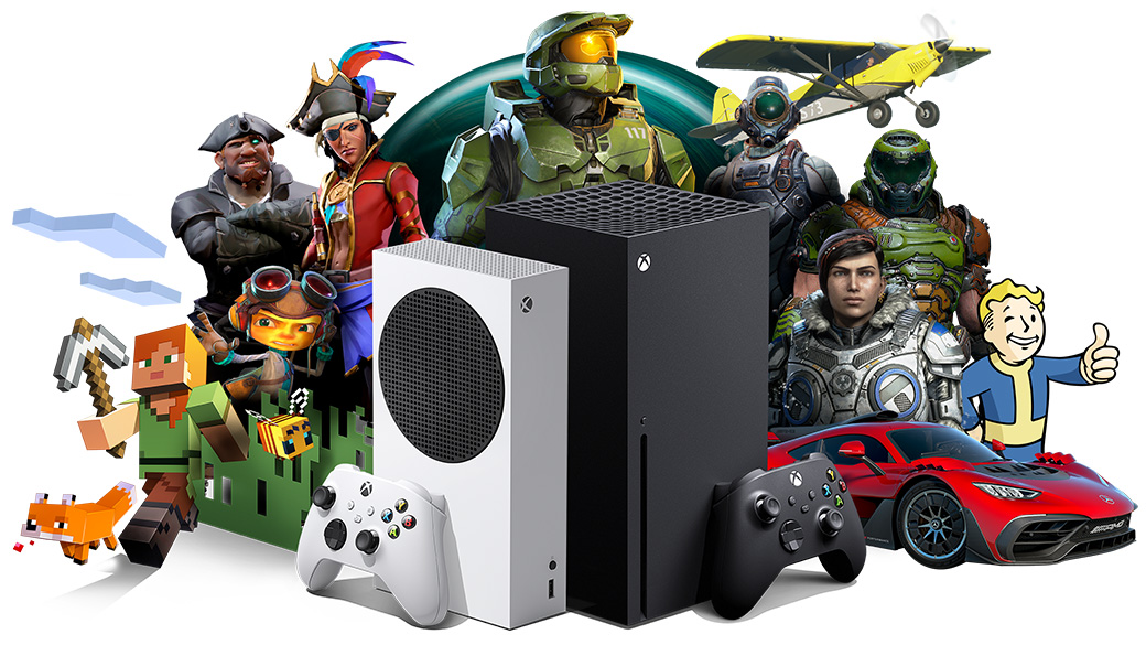 Xbox Series X, Xbox Series S 콘솔과 그 주변을 둘러싼 여러 Xbox 게임 속 캐릭터