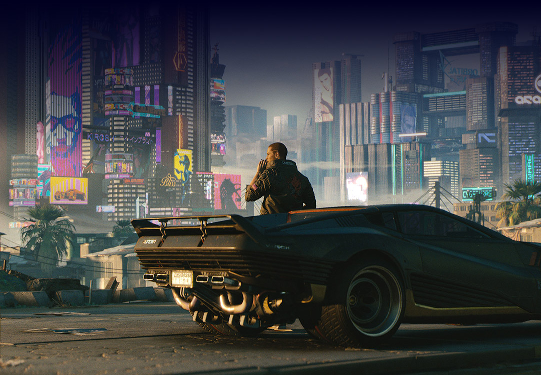 Animasjon av mann V som står foran bilen sin mens han røyker en sigarett og ser over Cyberpunk-byen