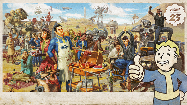 Promotional art for the Fallout 25th Anniversary Sale, including a multitude of characters spanning the Fallout Franchise, Vault Boy holding a thumbs up, and Fallout 25 badge.