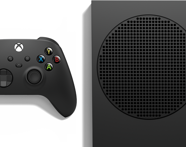 Xbox Series S – 1TB (Black) side by side with the Xbox Wireless Controller – Carbon Black