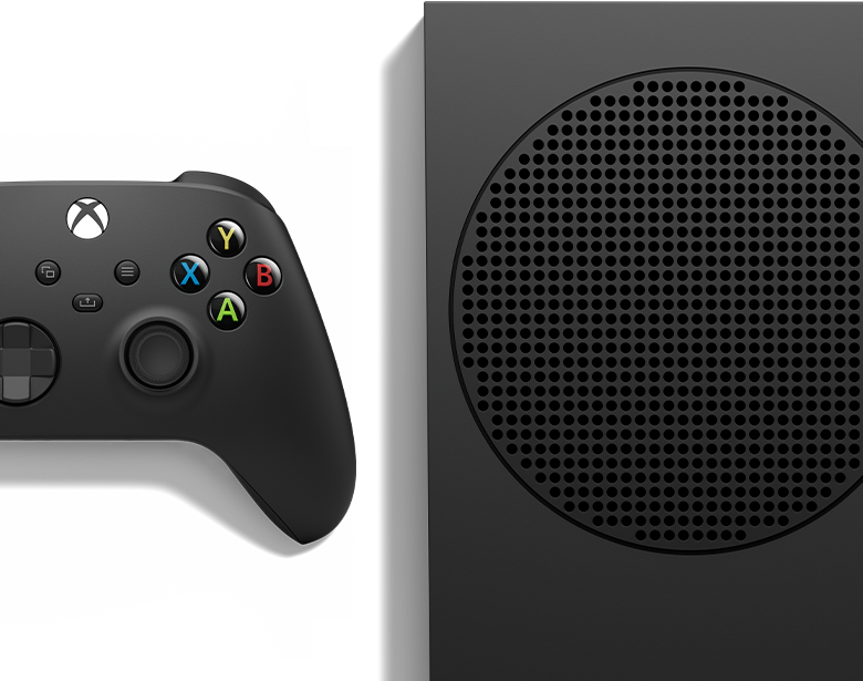 Xbox Series S – 1TB (Black) side by side with the Xbox Wireless Controller – Carbon Black