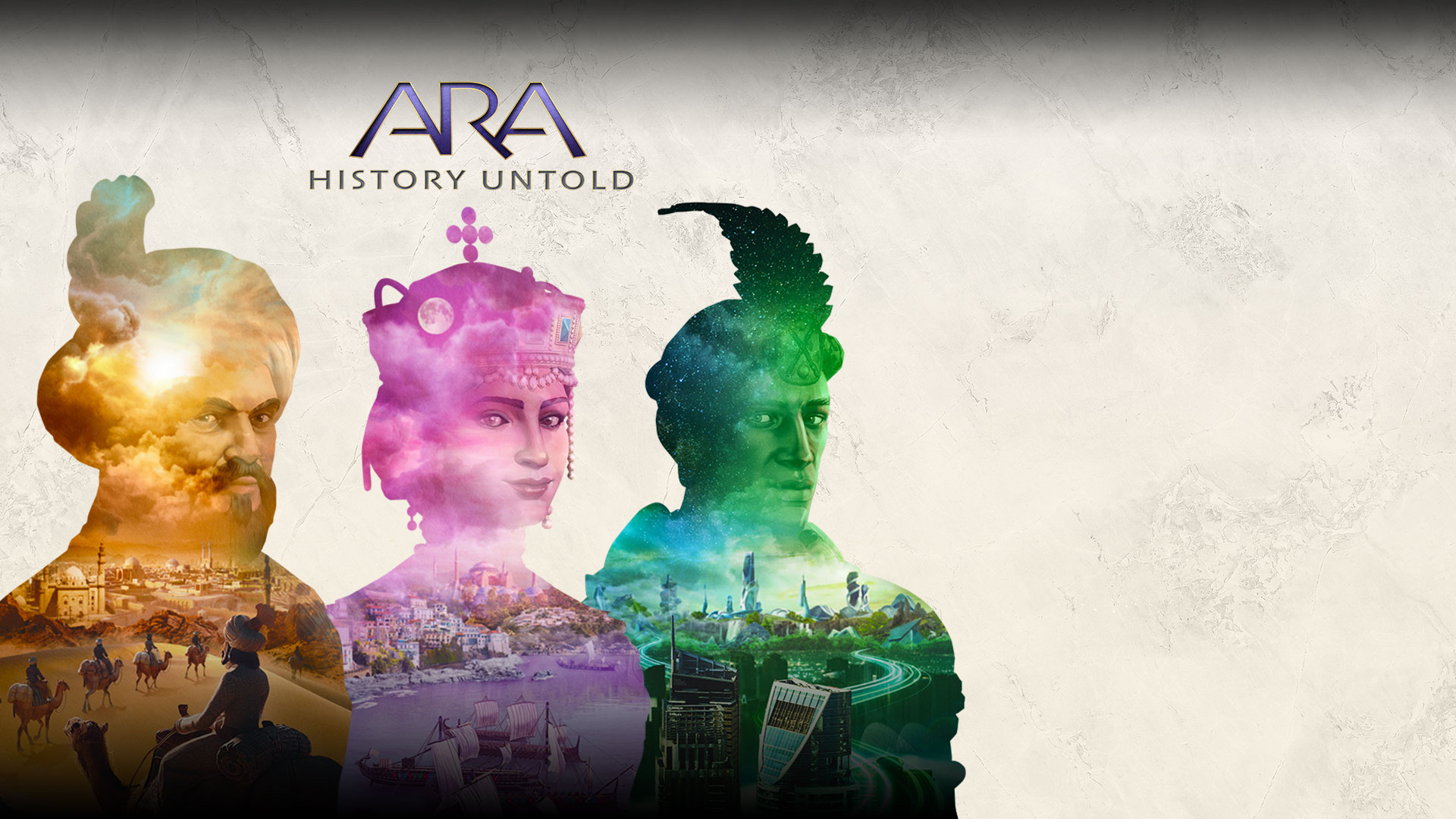 Ara: History Untold。3 人の透明な人のシルエットの中にそれぞれ異なる都市の風景が映っている。