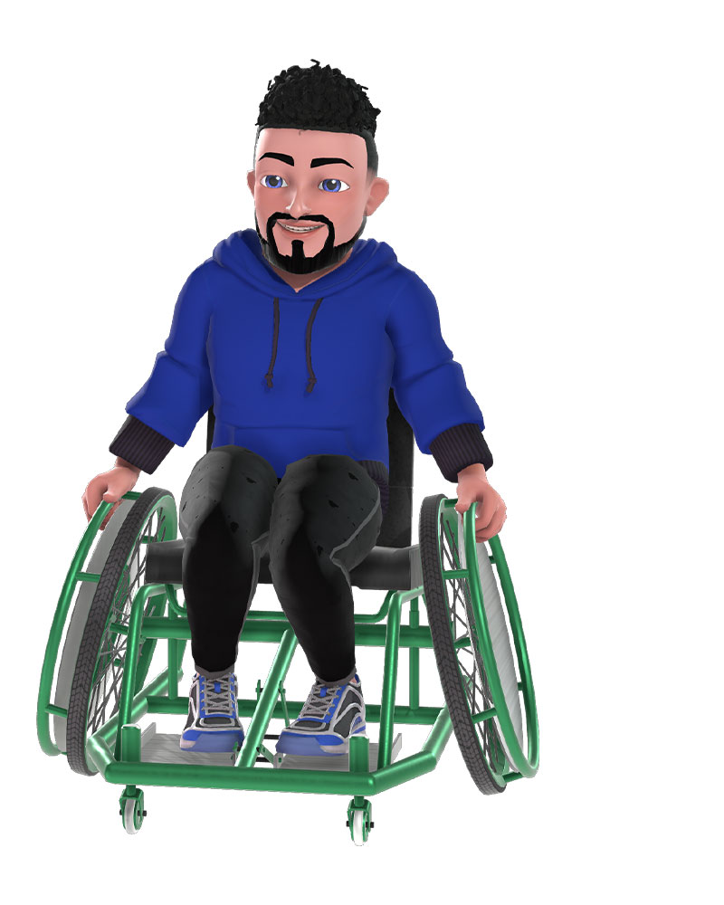 一个坐在轮椅上、留着山羊胡子的白人男子的 Xbox 虚拟形象