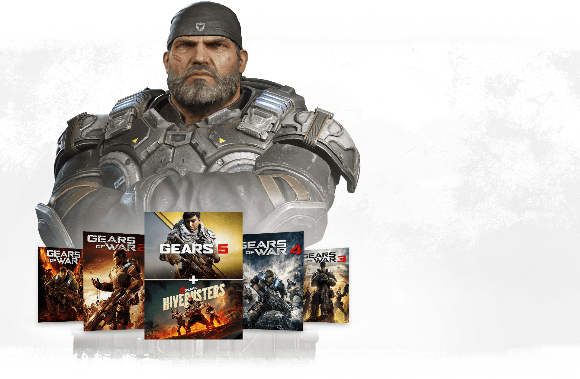 Fileira de caixas virtuais do Gears com Marcus Fenix em pé atrás com os braços cruzados