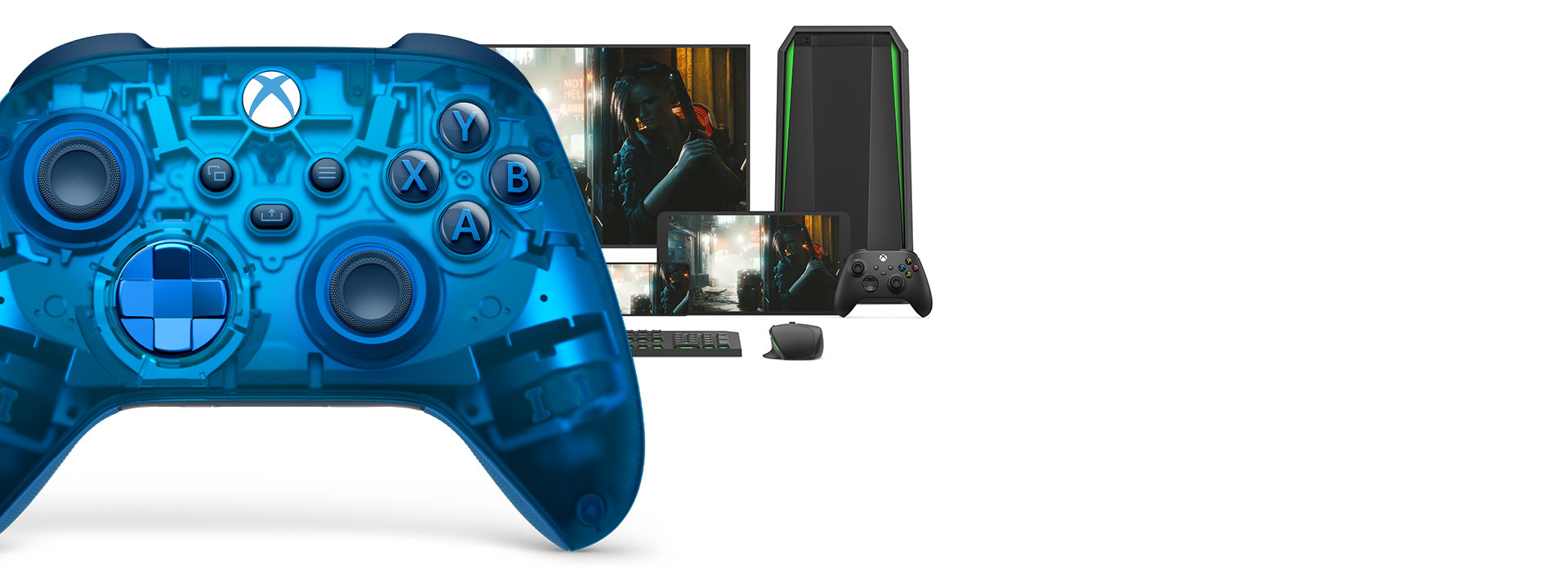 Ansicht der rechten Seite des Xbox Wireless Controllers – Sky Cipher Special Edition von vorne mit verschiedenen spielbaren Plattformen dahinter