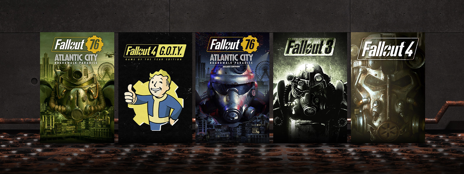 Box art from games included in the Fallout Franchise Sale, including Fallout 76: Atlantic City - Boardwalk Paradise Deluxe Edition, Fallout 4: Game of the Year Edition, and Fallout 3.