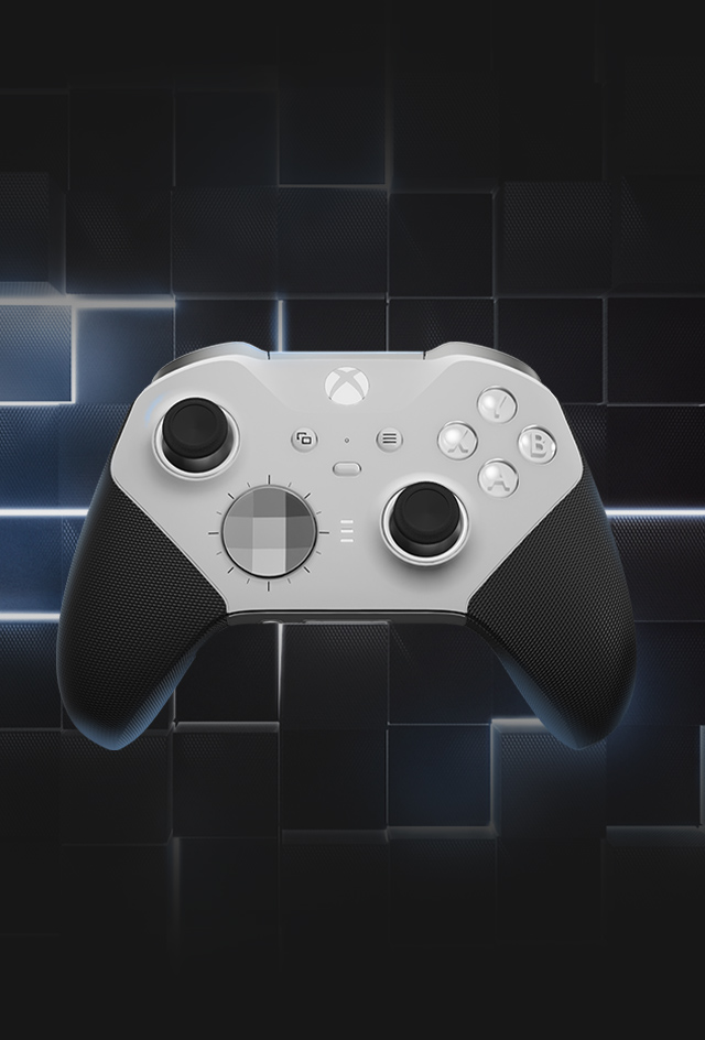 Manette sans fil Xbox Elite - Series 2 Core blanche, devant un motif de cube en néon illuminé.