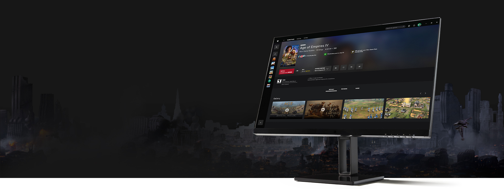 Monitor con la app Xbox para PC Windows que muestra la interfaz de usuario