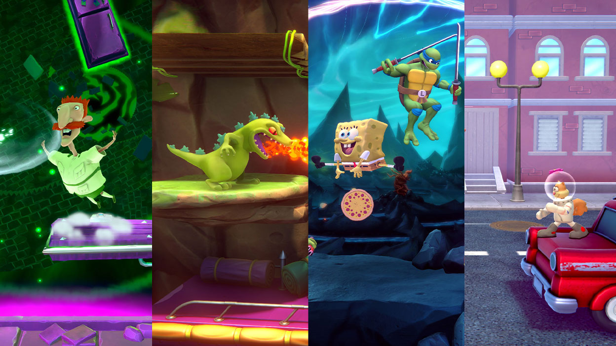 Mosaico de 4 painéis de personagens diferentes, como Nigel Thornberry, Reptar, Bob Esponja e Sandy