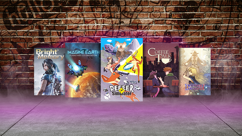 Box art from games that are part of the INDIE Live Expo Sale, including Bright Memory, DEEEER Simulator: Your Average Everyday Deer Game, and Coffee Talk.