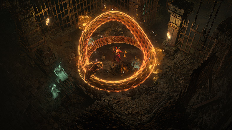 Character in Diablo IV summoning a large snake against demons in a dungeon.