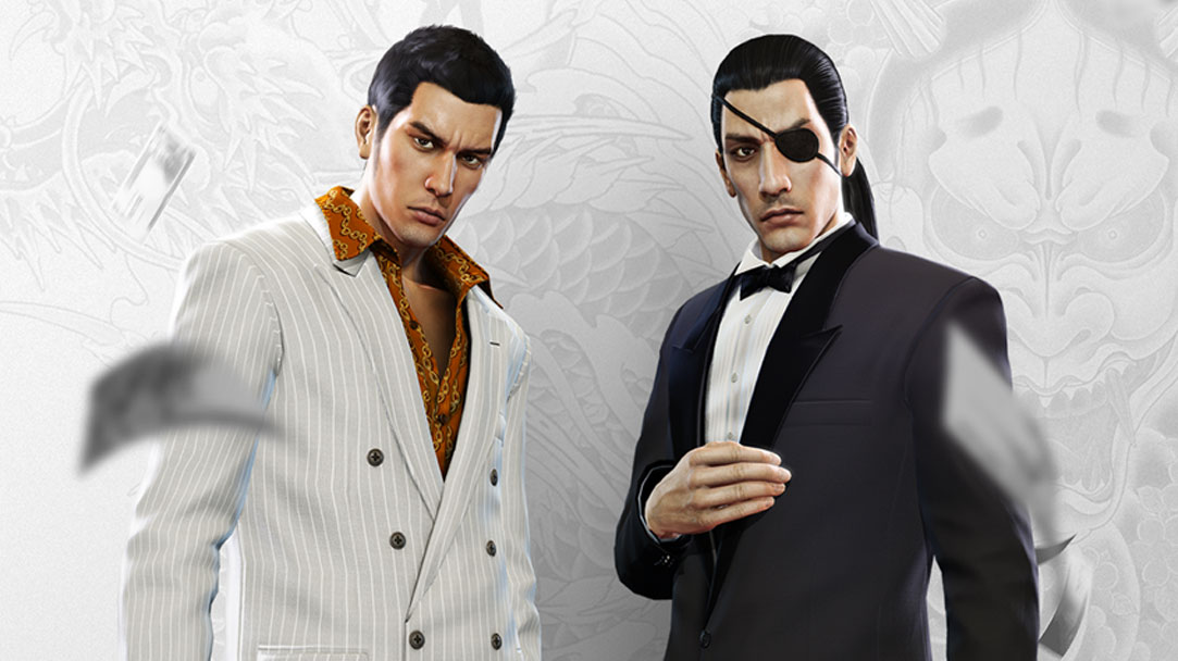 Beyaz ve gri ejderha dövmesi arka planı ile etraflarında para yağarken bakan şık takım elbiseli iki Yakuza karakteri