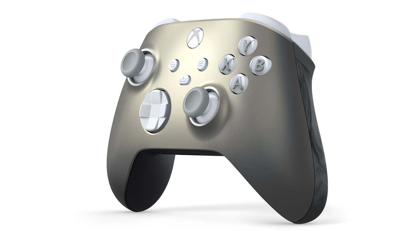 update main gallery with image: The Xbox Wireless Controller - Lunar Shift Special Edition with right side of the controller turned forward